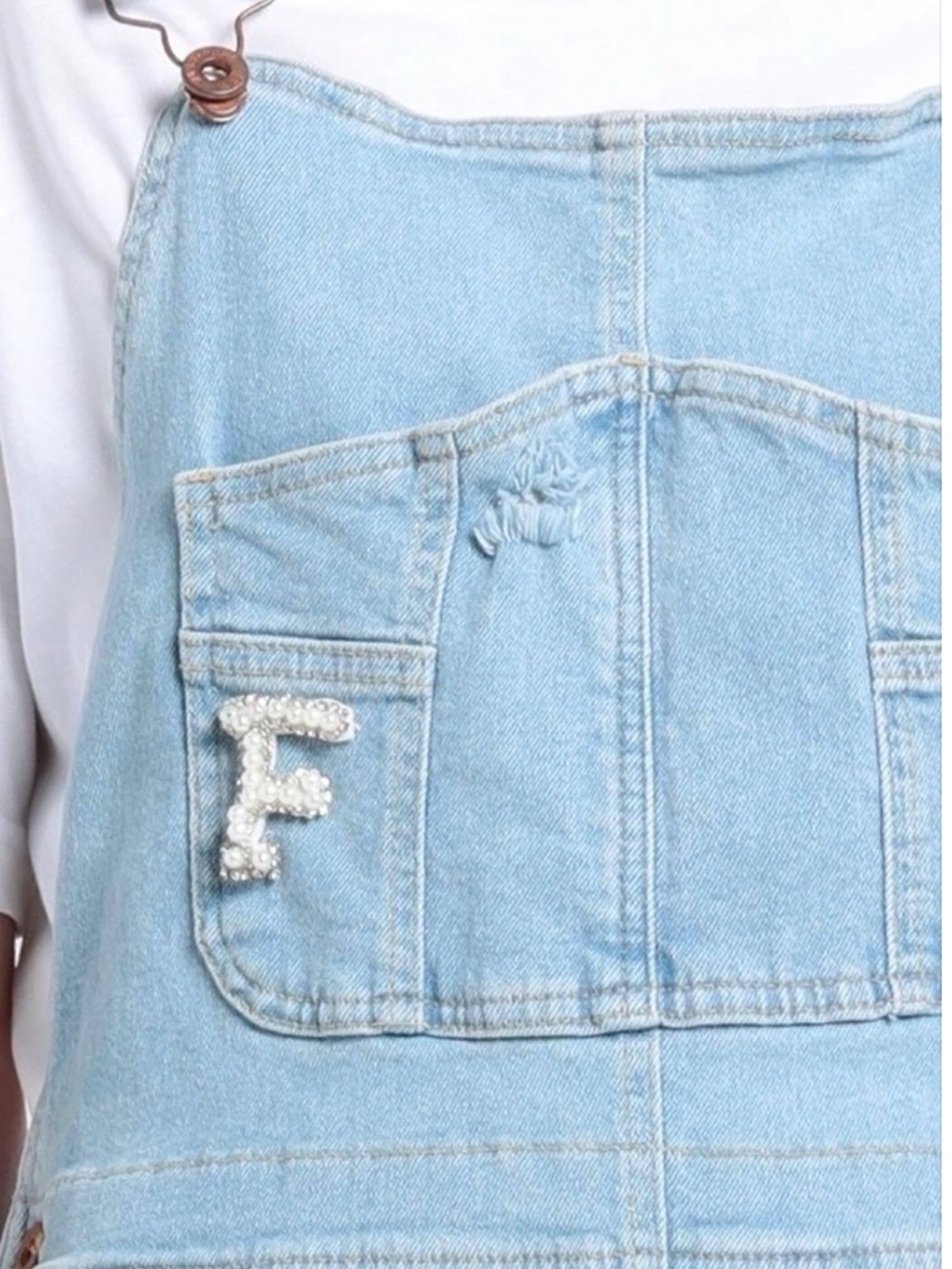 Fracomina Light Wash Distressed Denim Overalls with Heavy Rip & Rhinestones - Picture 4 of 14